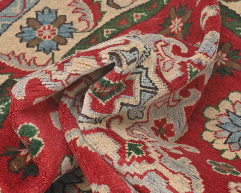 5x5 Red Kuba Afghan Hand Knotted Round Wool Area Rug